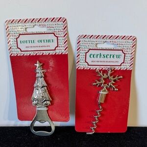 Festive Christmas Silver Bottle Opener and Corkscrew Set
